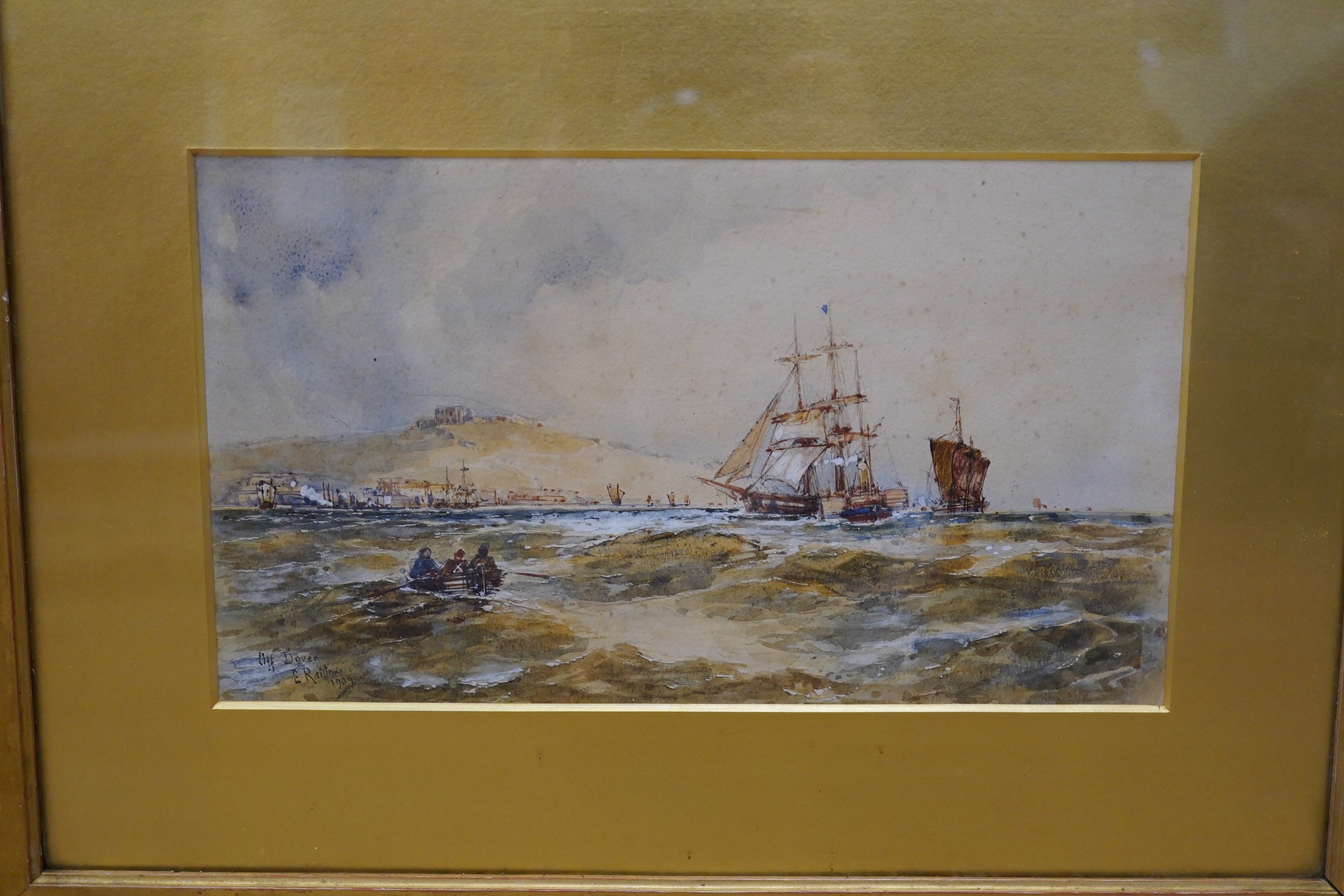 Ernest Railton (19th. C), pair of heightened watercolours, Shipping scenes including ‘Off Dover’, each signed and dated 1909, 16.5 x 24cm, gilt framed. Condition - poor to fair